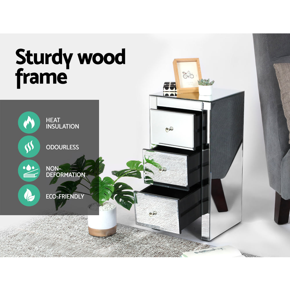 Mirrored Bedside Table 3 Drawers Mirrored - QUENN Silver