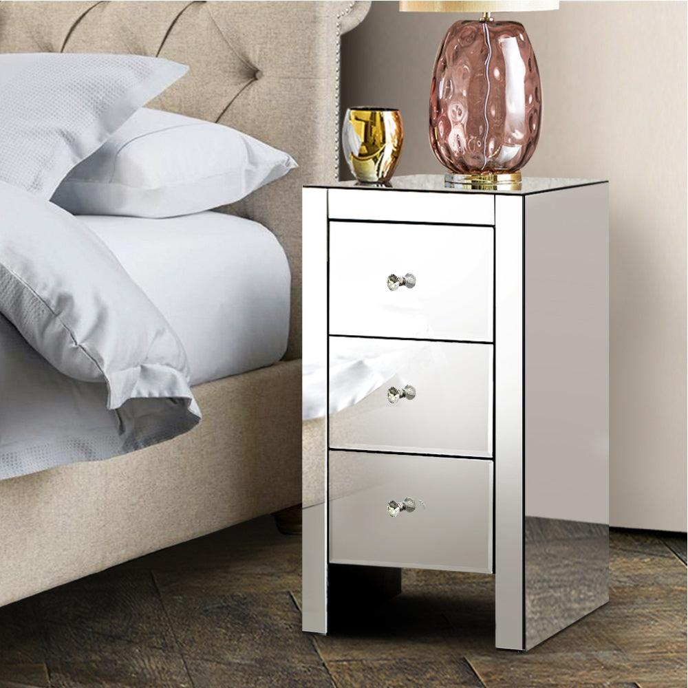 Mirrored Bedside Table 3 Drawers Mirrored - QUENN Silver