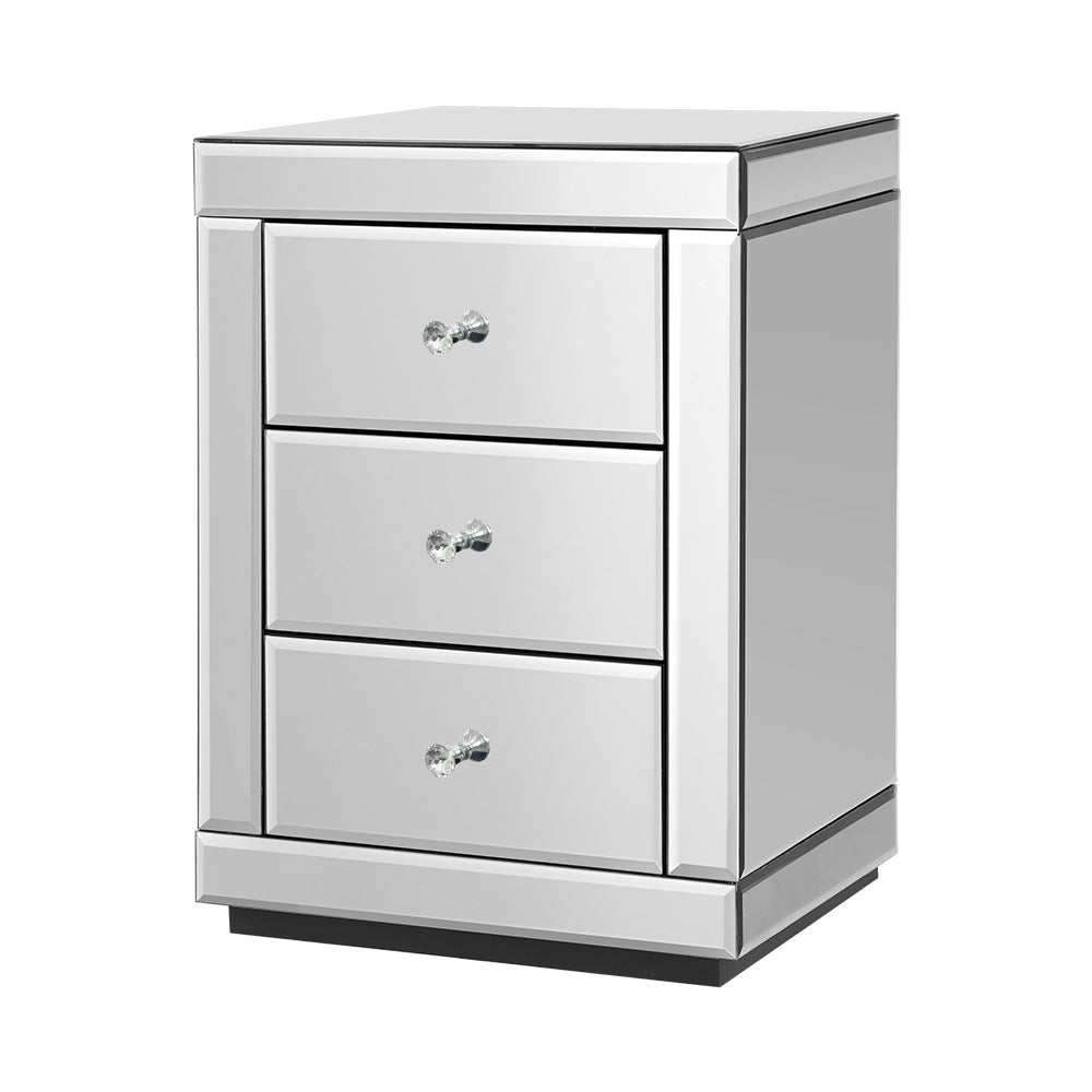 Persian Bedside Table 3 Drawers Mirrored - PRESIA Silver