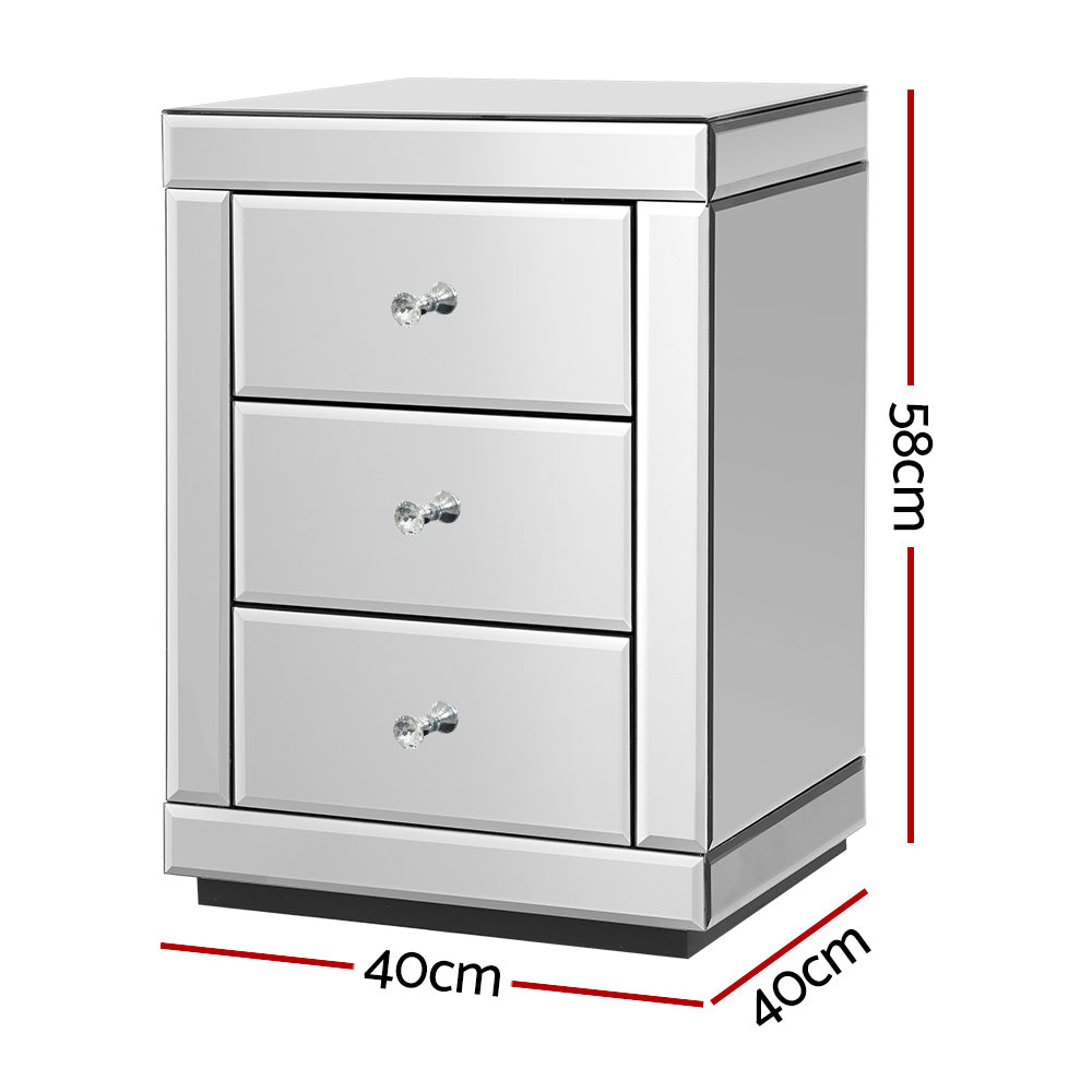 Persian Bedside Table 3 Drawers Mirrored - PRESIA Silver