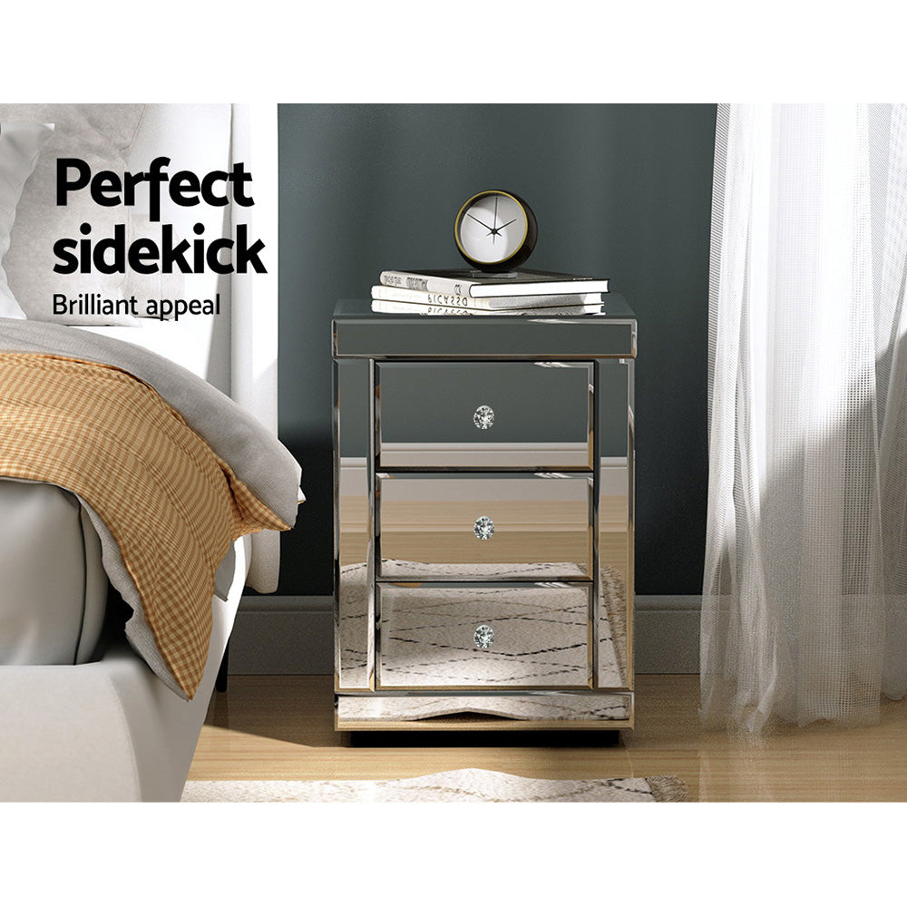 Persian Bedside Table 3 Drawers Mirrored - PRESIA Silver