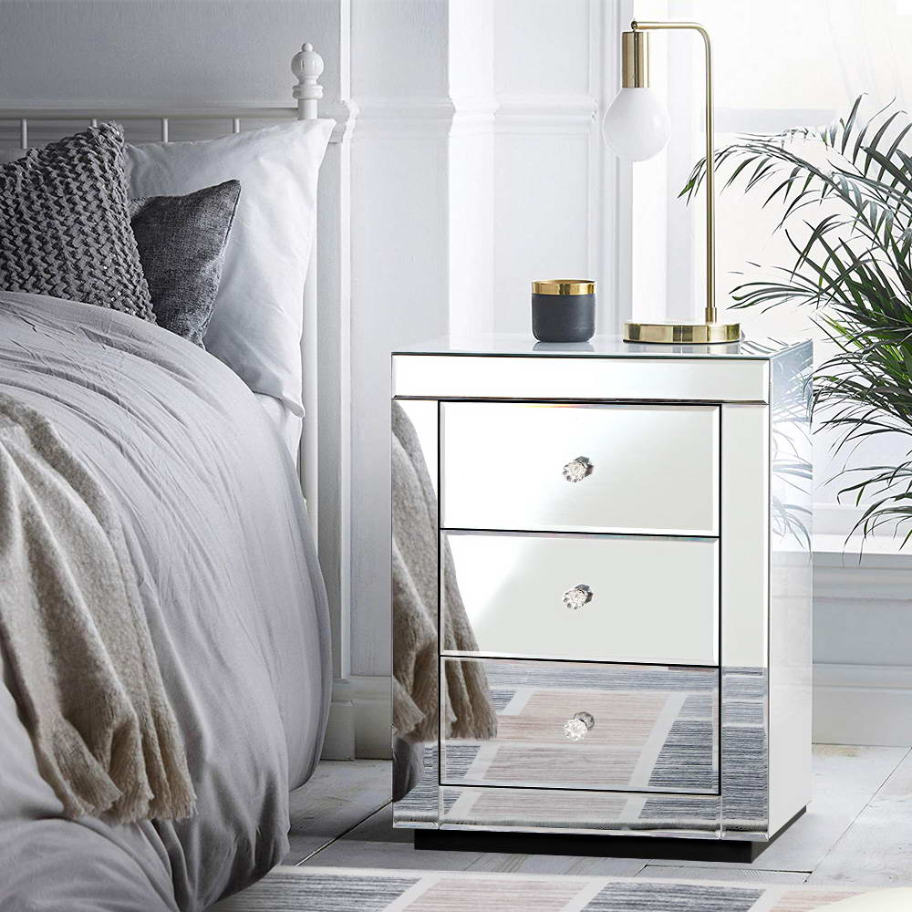 Persian Bedside Table 3 Drawers Mirrored - PRESIA Silver