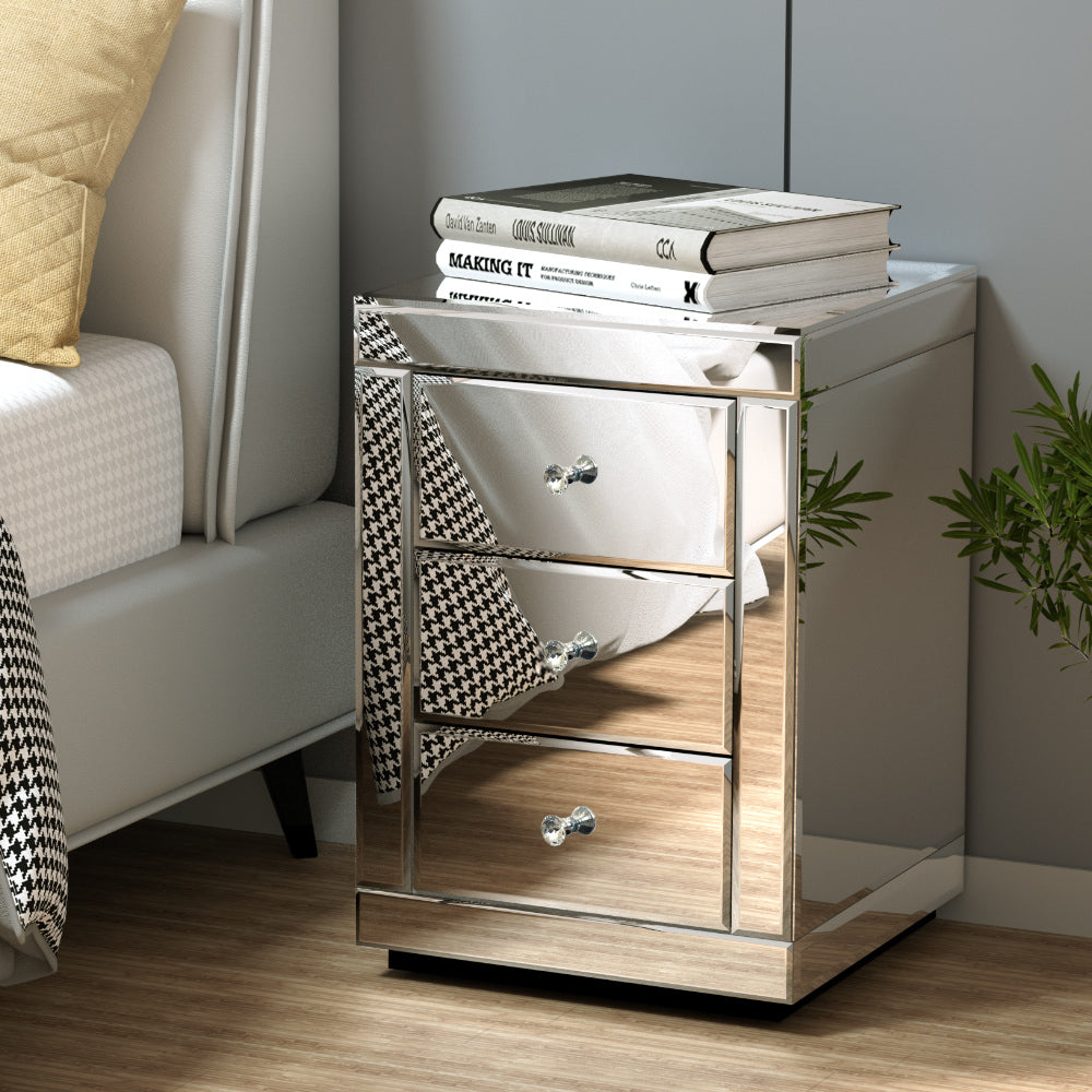 Persian Bedside Table 3 Drawers Mirrored - PRESIA Silver