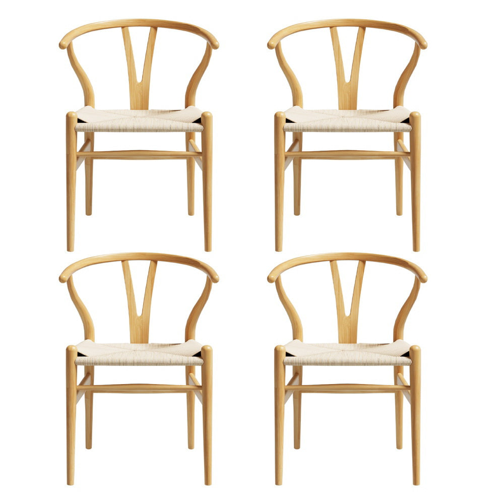 1 Set of 4 Artiss Dining Chairs Wooden Rattan Seat Wishbone Back