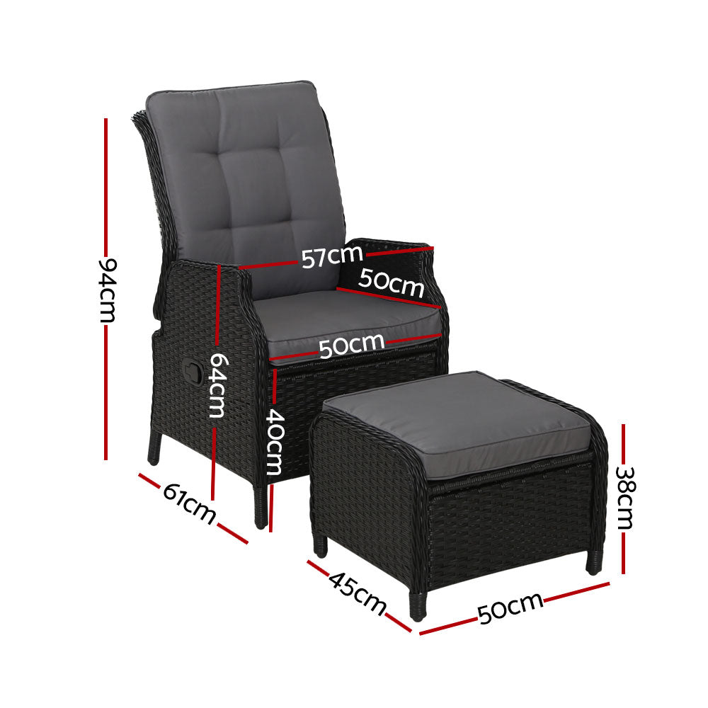 Gardeon Recliner Chair Sun lounge Wicker Lounger Outdoor Furniture Patio Adjustable Black
