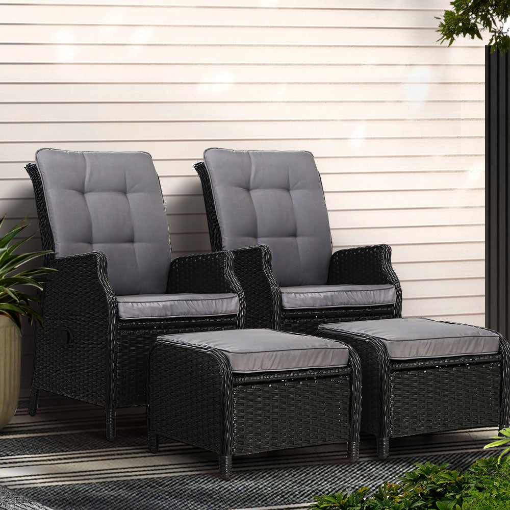 Gardeon 2PC Recliner Chair Sun lounge Wicker Lounger Outdoor Furniture Adjustable Black