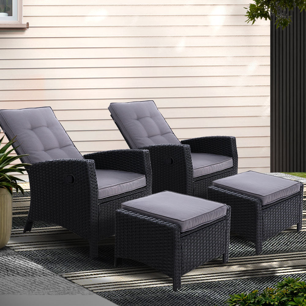 Gardeon 2PC Recliner Chairs Sun lounge Wicker Lounger Outdoor Furniture Adjustable Black