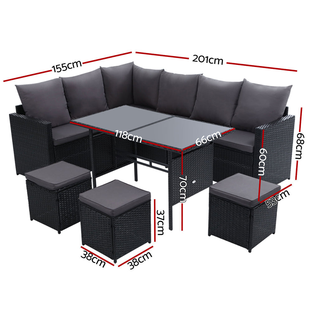9 Seate Outdoor Furniture Dining Setting Sofa Set Lounge Wicker  Black