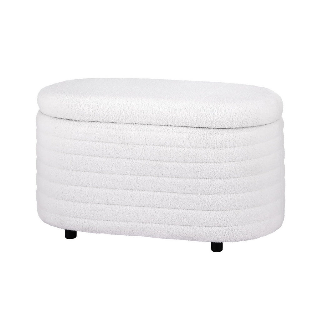 Coastal Charm Storage Ottoman Blanket Box 87cm Boucle Fabric Oval