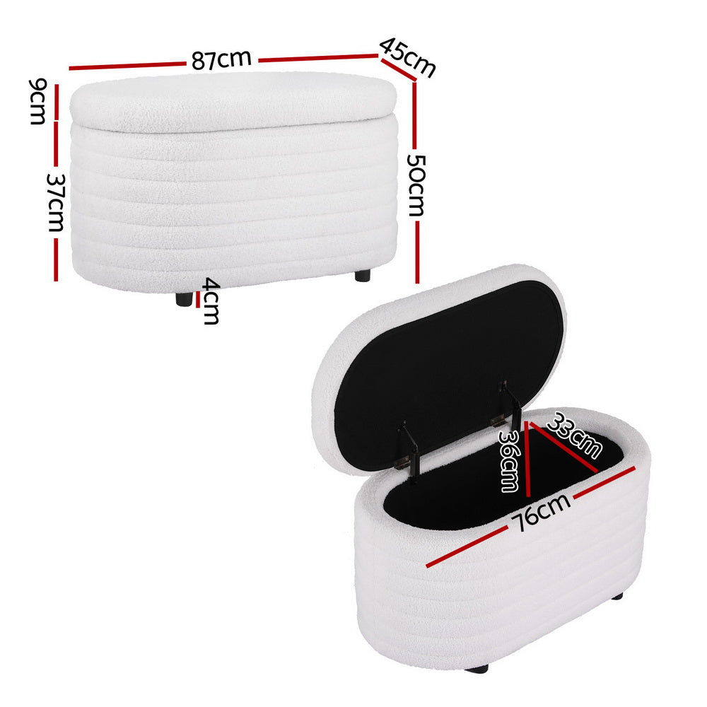 Coastal Charm Storage Ottoman Blanket Box 87cm Boucle Fabric Oval