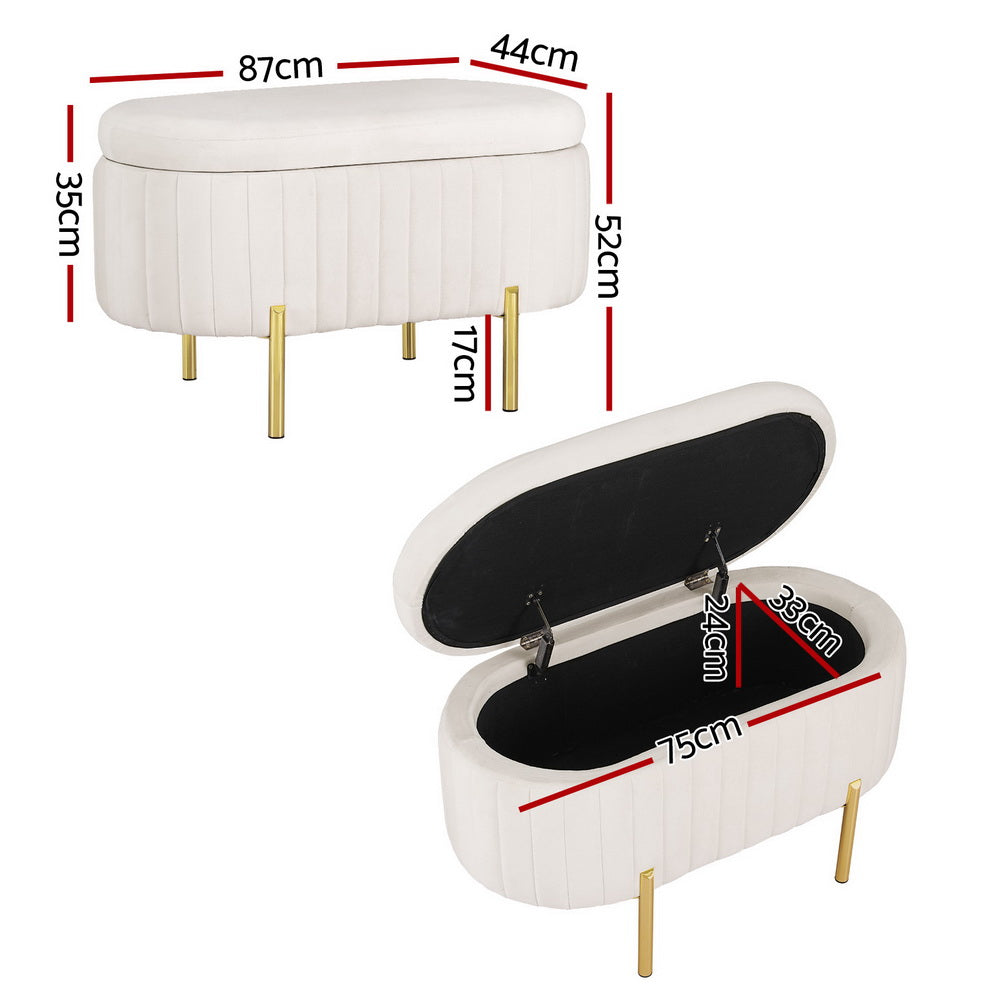 Coastal Charm Storage Ottoman Blanket Box 87cm Velvet Oval White