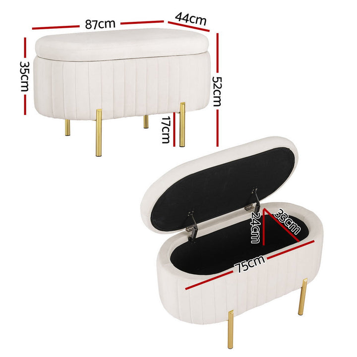 Coastal Charm Storage Ottoman Blanket Box 87cm Velvet Oval White