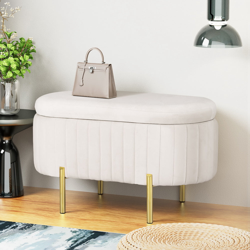 Coastal Charm Storage Ottoman Blanket Box 87cm Velvet Oval White