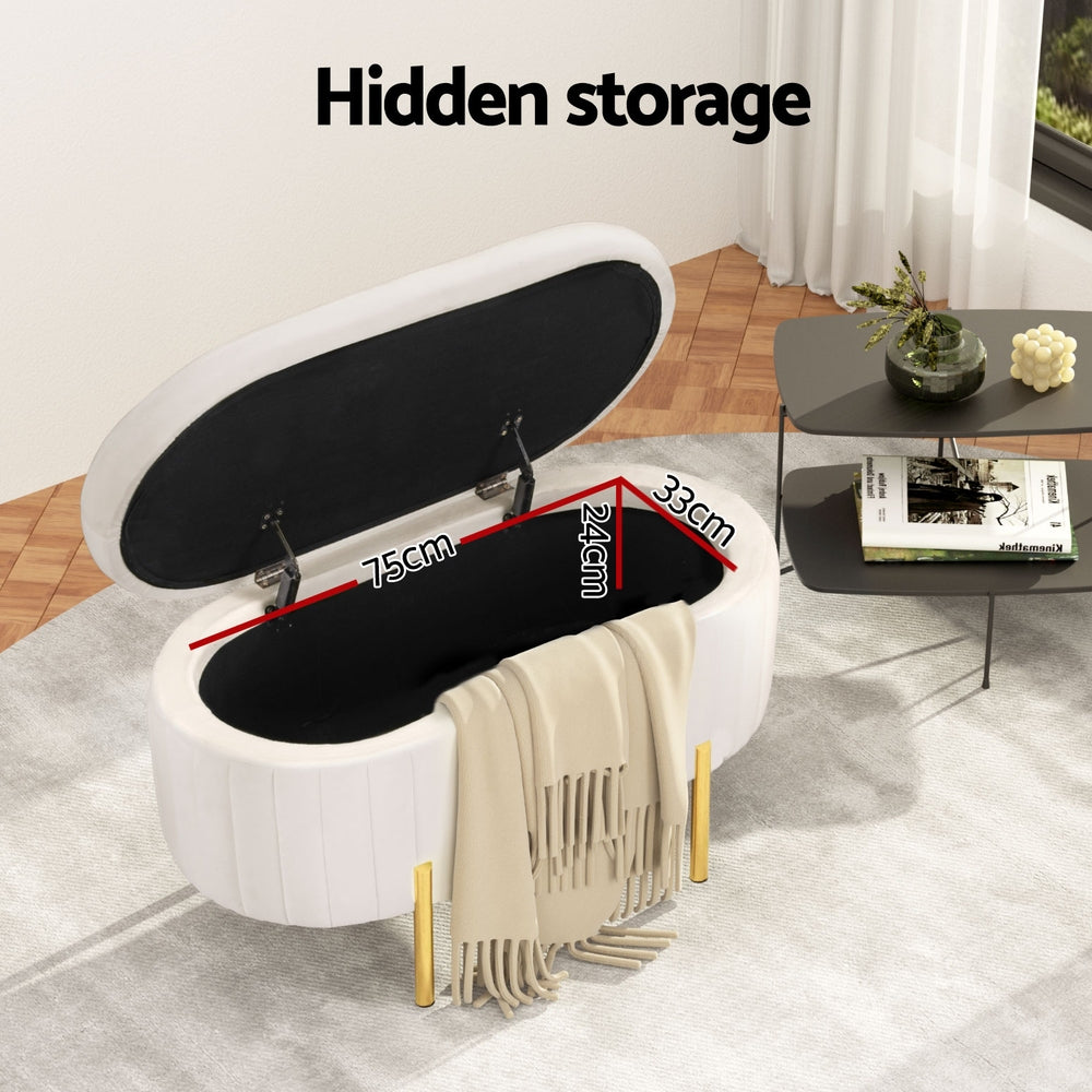 Plush Storage Ottoman Blanket Box 87cm Velvet Oval White