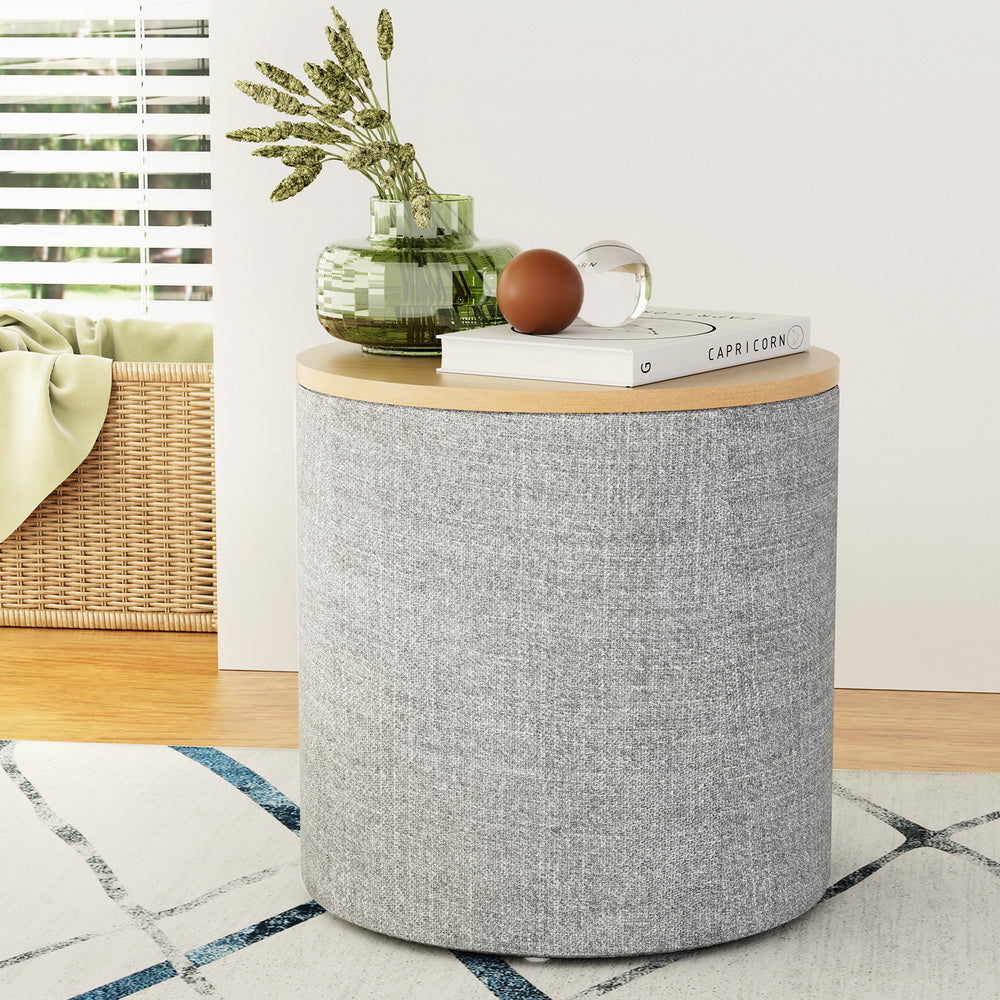 Coastal Charm Storage Ottoman Blanket Box 40cm Linen Round Grey