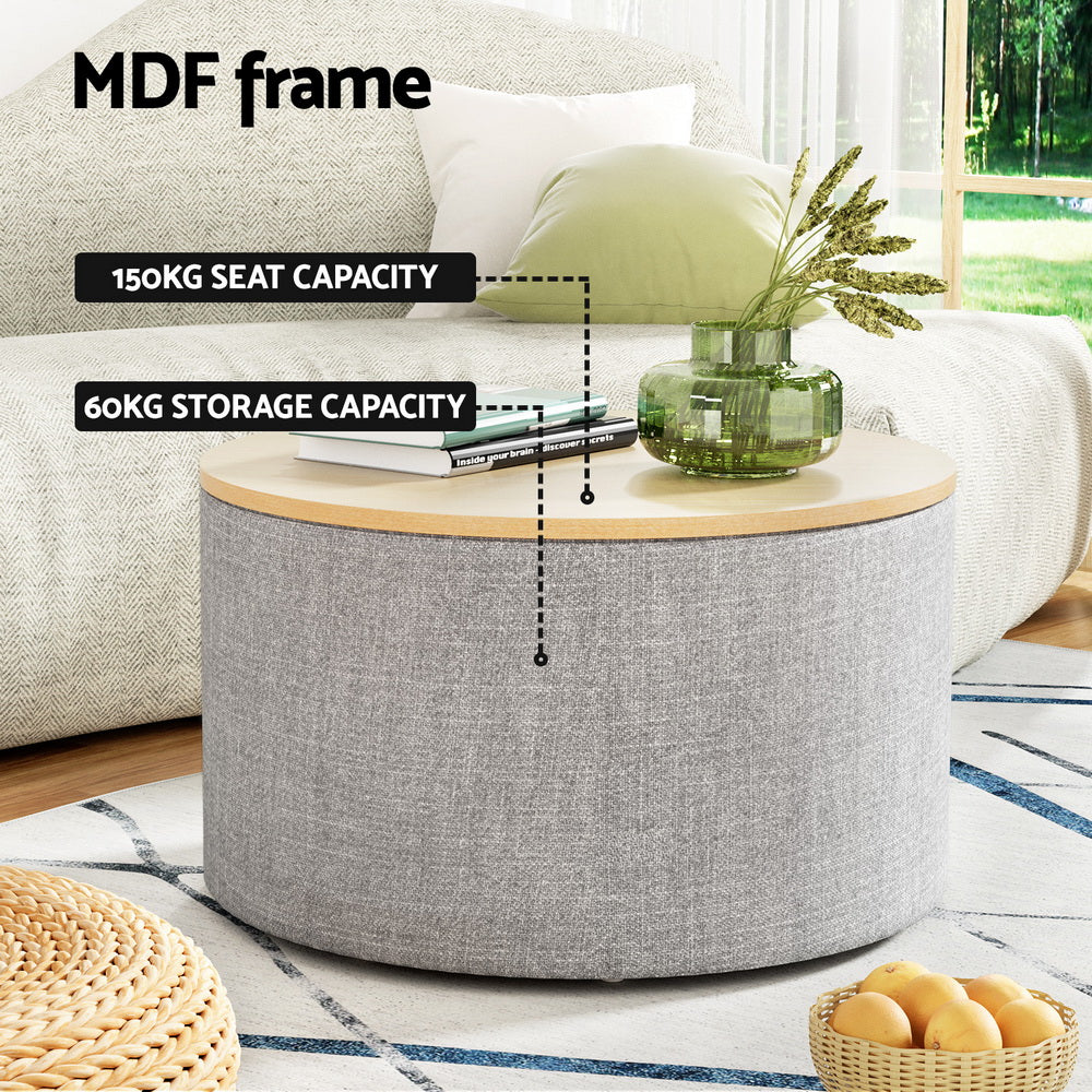 Coastal Charm Storage Ottoman Blanket Box 60cm Linen Round Grey
