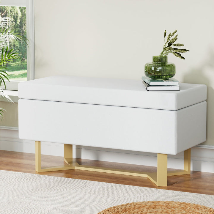 Coastal Charm Storage Ottoman Blanket Box Criss-cross Linen White
