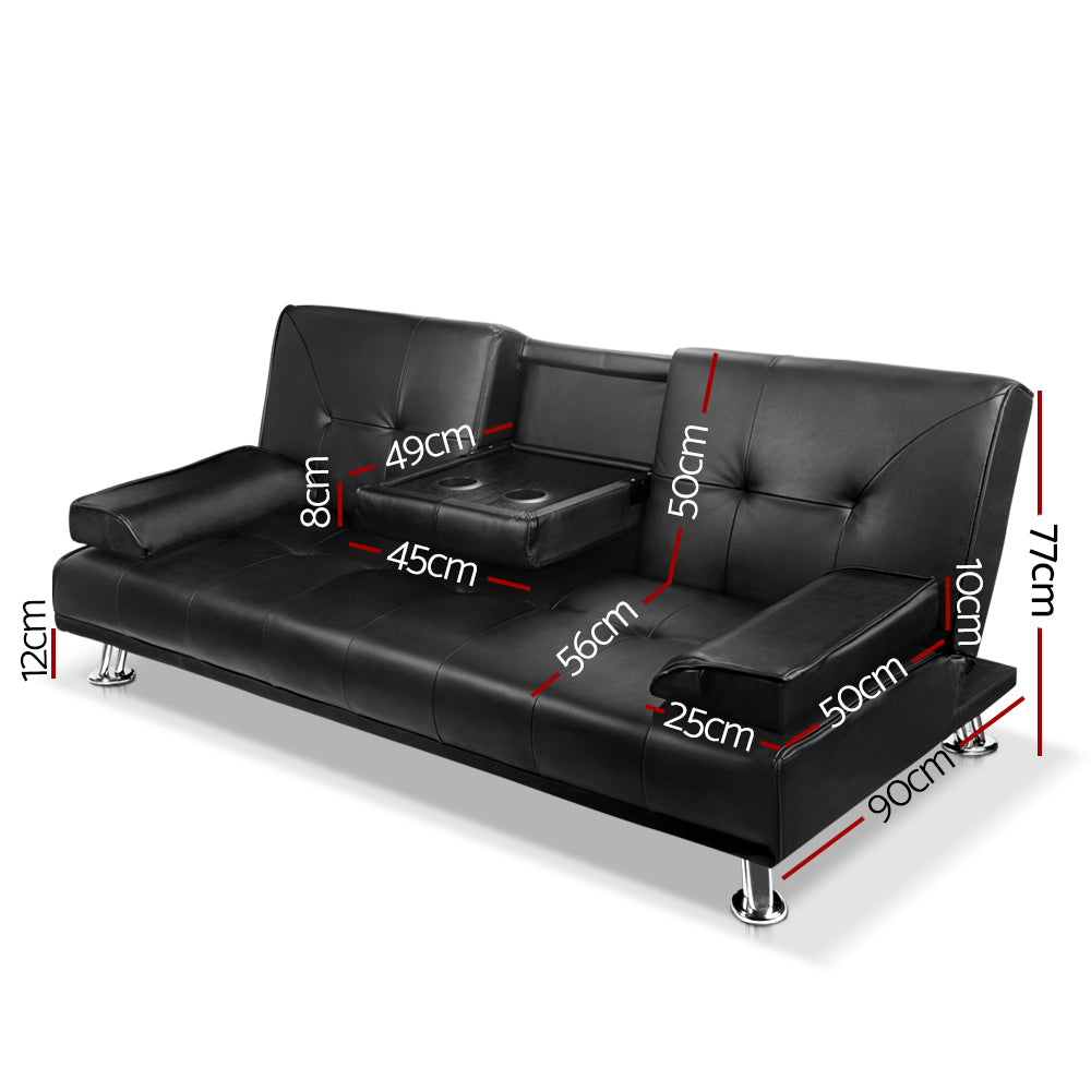 Luxe Sofa Bed Lounge Convertible Leather Couch Bed 3 Seater Cupholder Recliner