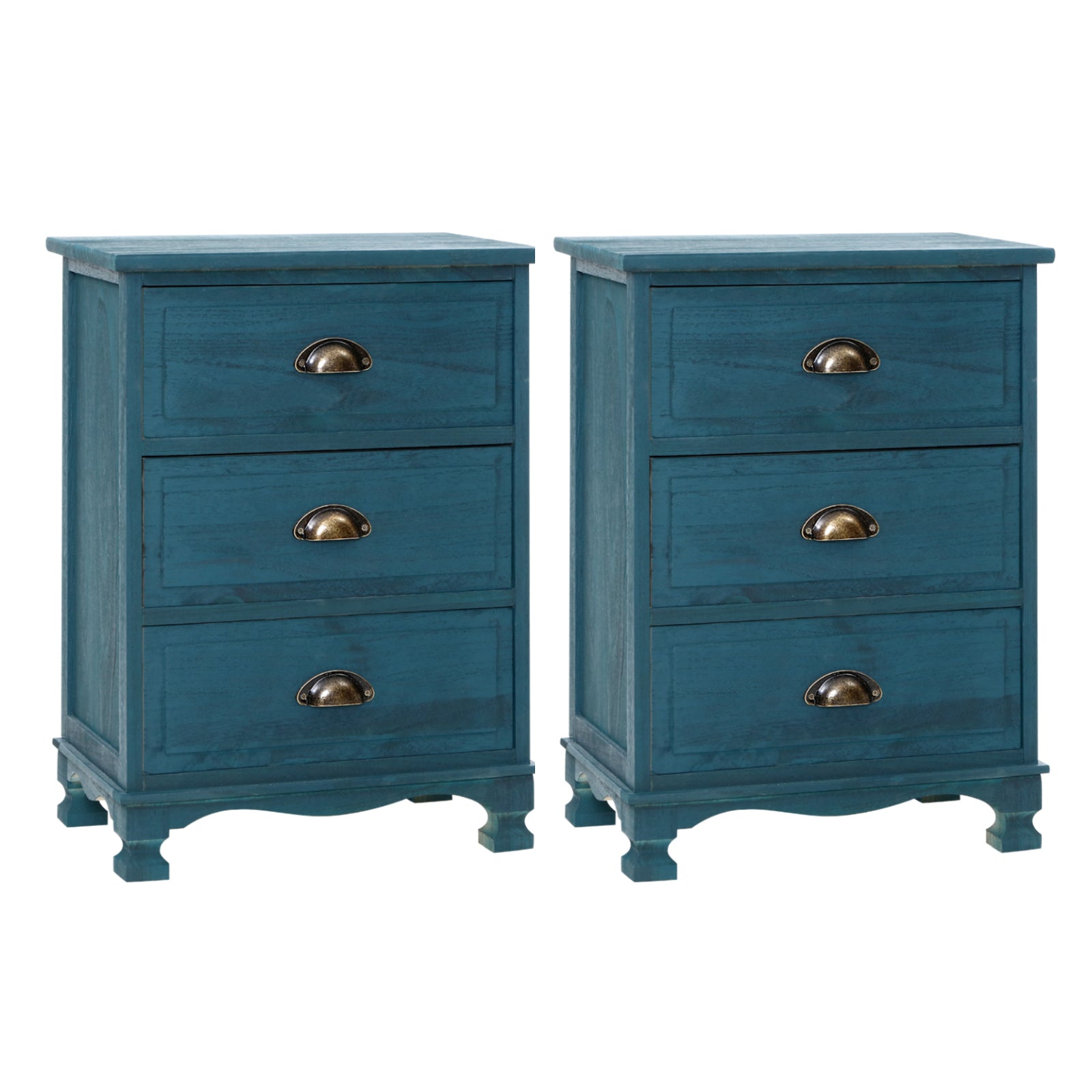 Retro 2x Bedside Table 3 Drawers Vintage - THYME Blue