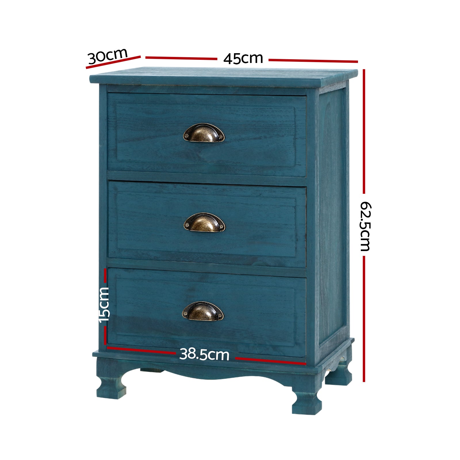 Retro 2x Bedside Table 3 Drawers Vintage - THYME Blue