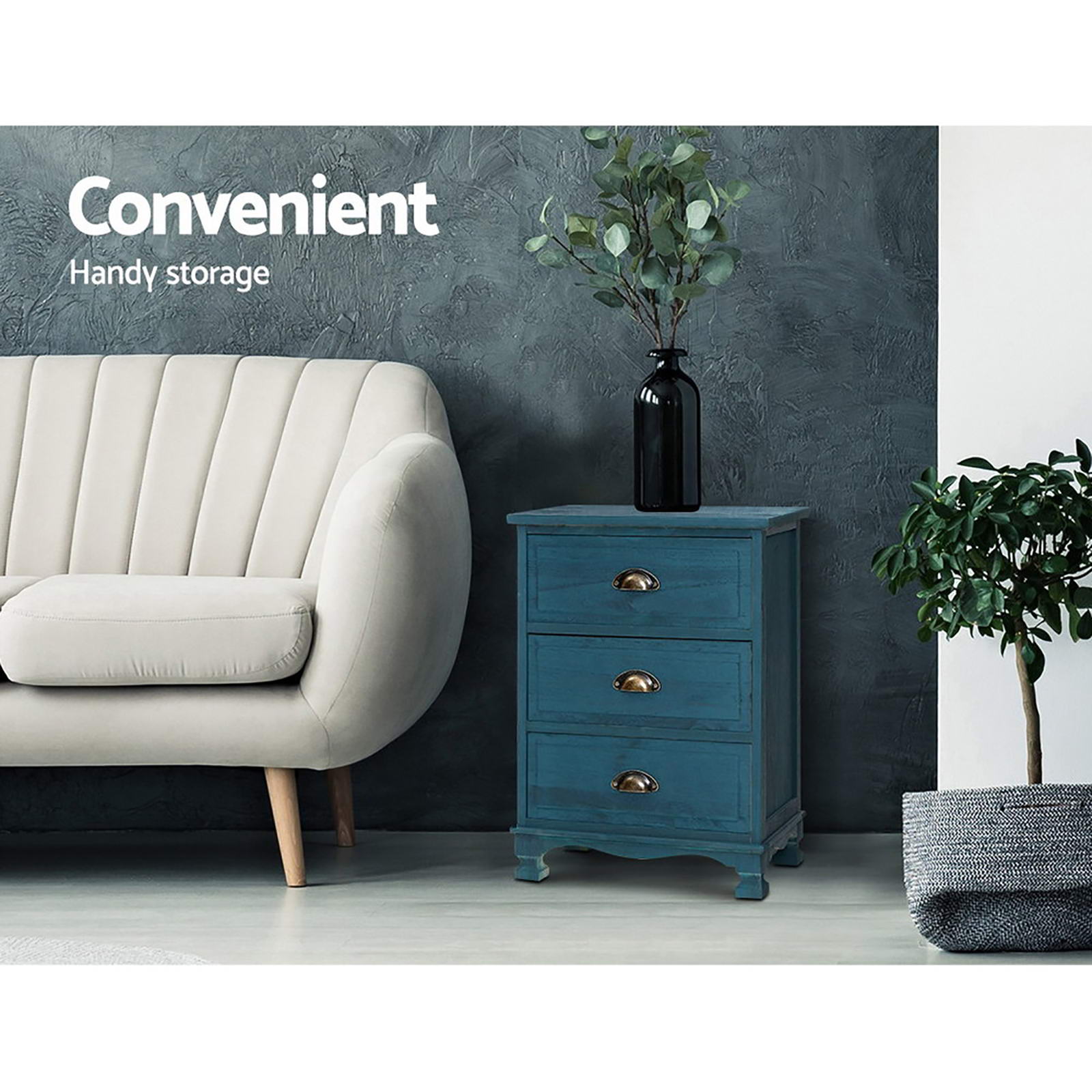 Retro 2x Bedside Table 3 Drawers Vintage - THYME Blue