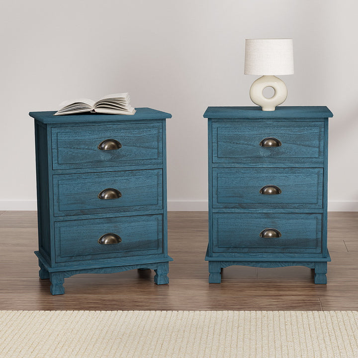 Retro 2x Bedside Table 3 Drawers Vintage - THYME Blue