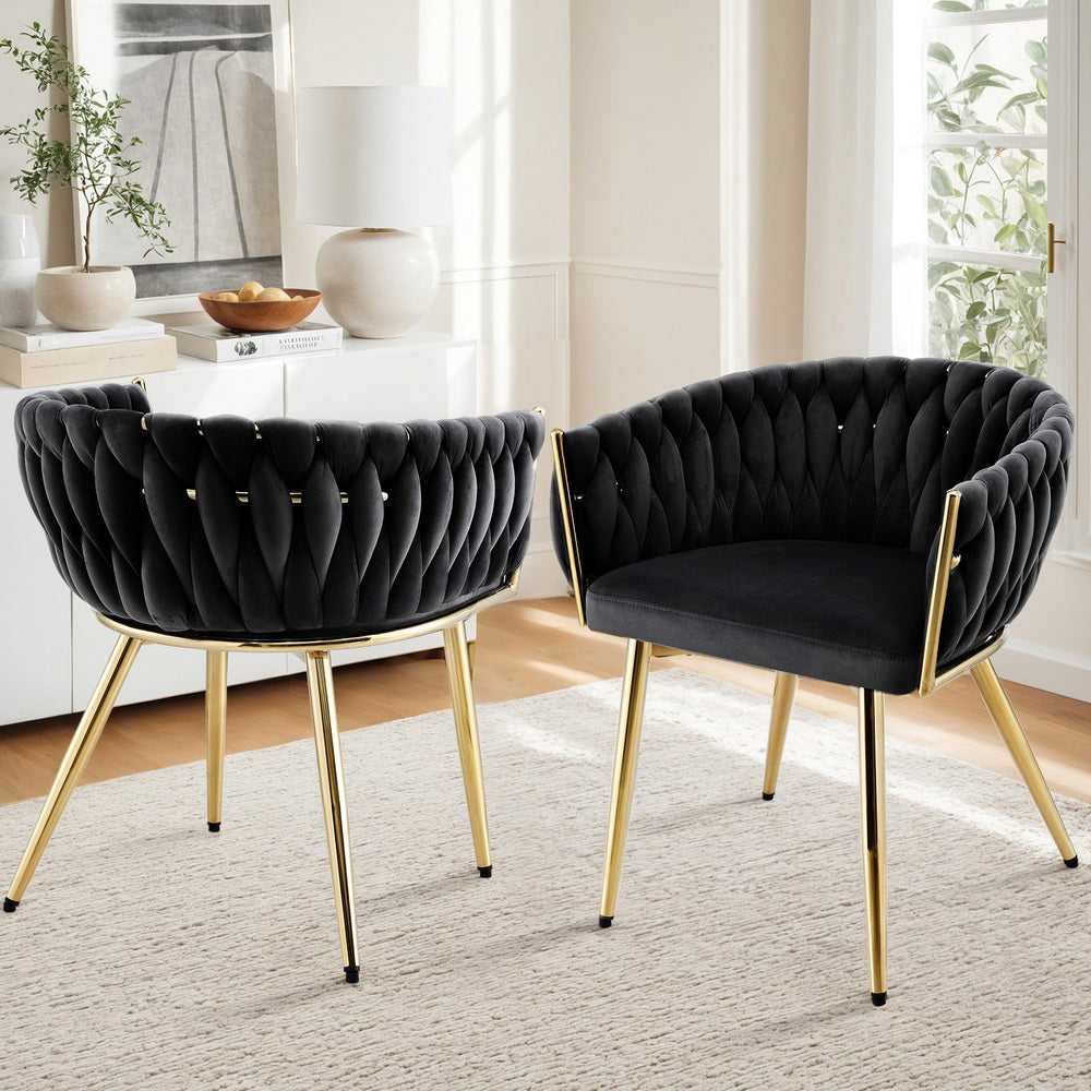 1 Set of 2 Dining Chairs Velvet Armchair Black