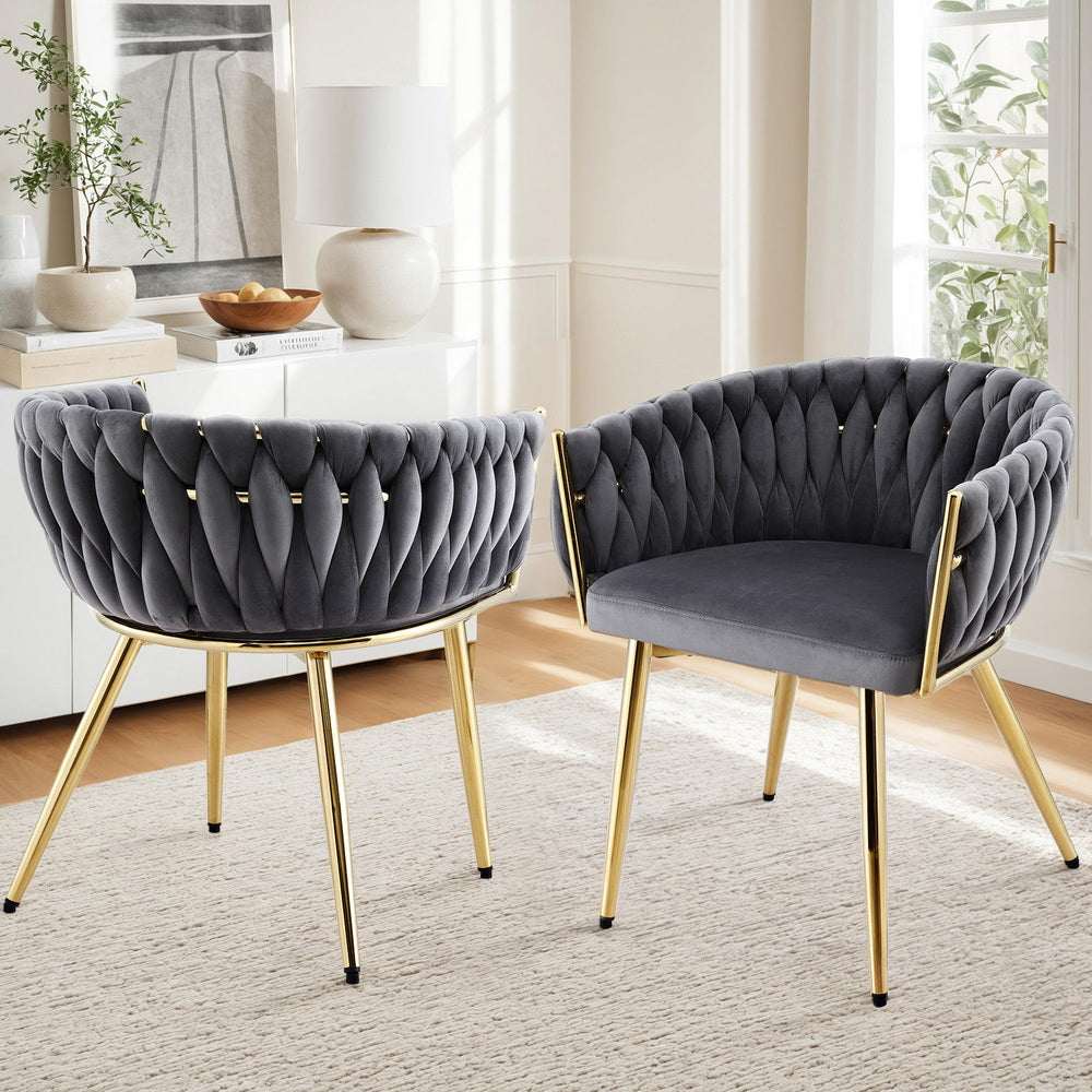 1 Set of 2 Luxe Dining Chairs Velvet Armchair Grey