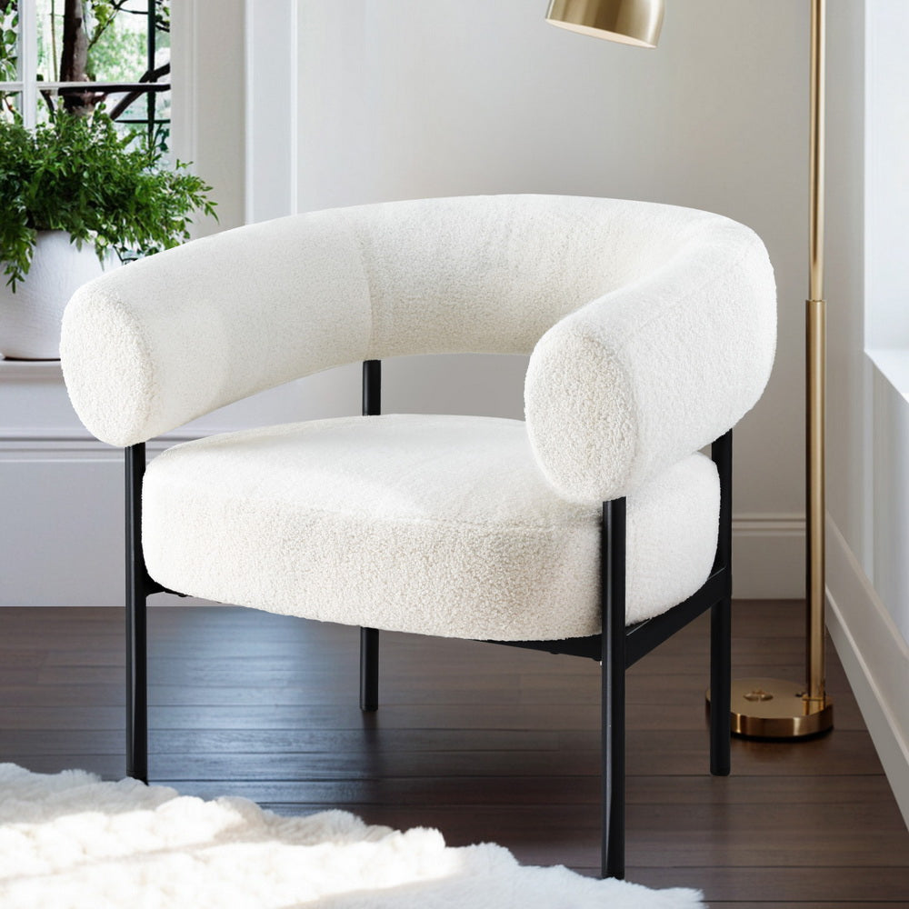 Mid-Century Armchair Accent Chair Curved Boucle White