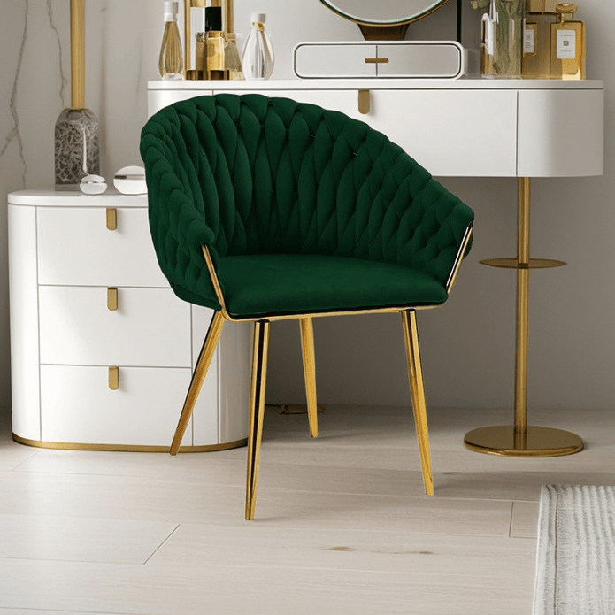 SERENITà Emerald Green Modern Velvet Dining Chairs, Upholstered Living Room Chair with Woven Back and Golden Metal Legs, Mid-Century Accent Set of 2