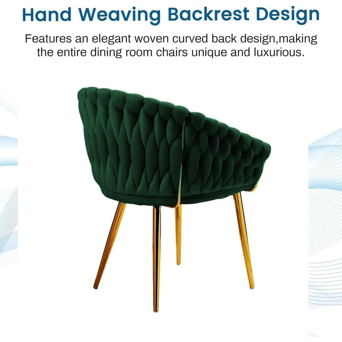 SERENITà Emerald Green Modern Velvet Dining Chairs, Upholstered Living Room Chair with Woven Back and Golden Metal Legs, Mid-Century Accent Set of 2