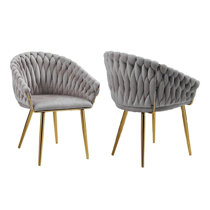 SERENITà Grey Modern Velvet Dining Chairs, Upholstered Living Room Chair with Woven Back and Golden Metal Legs, Mid-Century Accent Set of 2