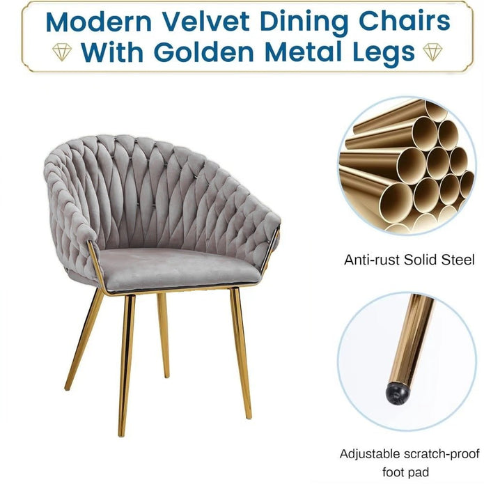 SERENITà Grey Modern Velvet Dining Chairs, Upholstered Living Room Chair with Woven Back and Golden Metal Legs, Mid-Century Accent Set of 2