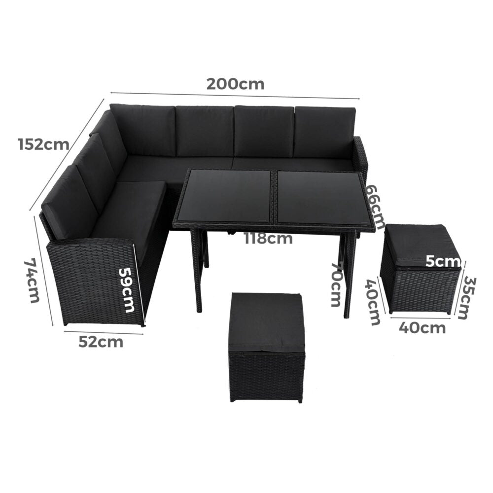 Portsea Premium 8 Seater Modular Lounge and Dining Set - Black