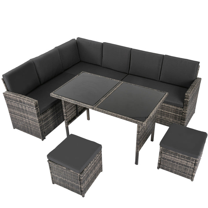 8-Seater Modular Outdoor Garden Lounge and Dining Set with Table and Stools in Dark Grey Weave