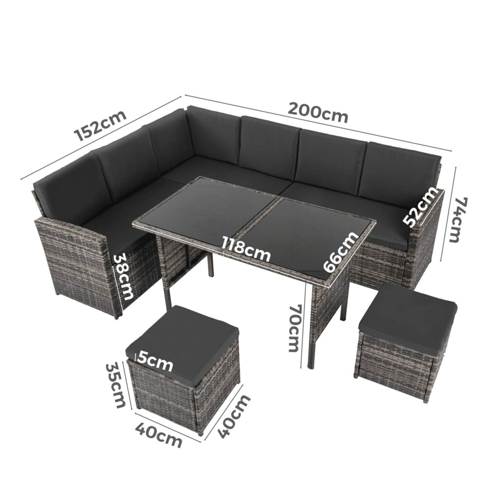 8-Seater Modular Outdoor Garden Lounge and Dining Set with Table and Stools in Dark Grey Weave