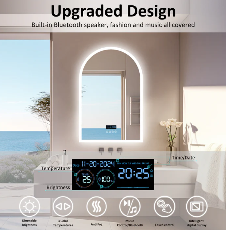 Interior Ave - 90 x 60cm Arched Frameless LED Bathroom Mirror – Bluetooth