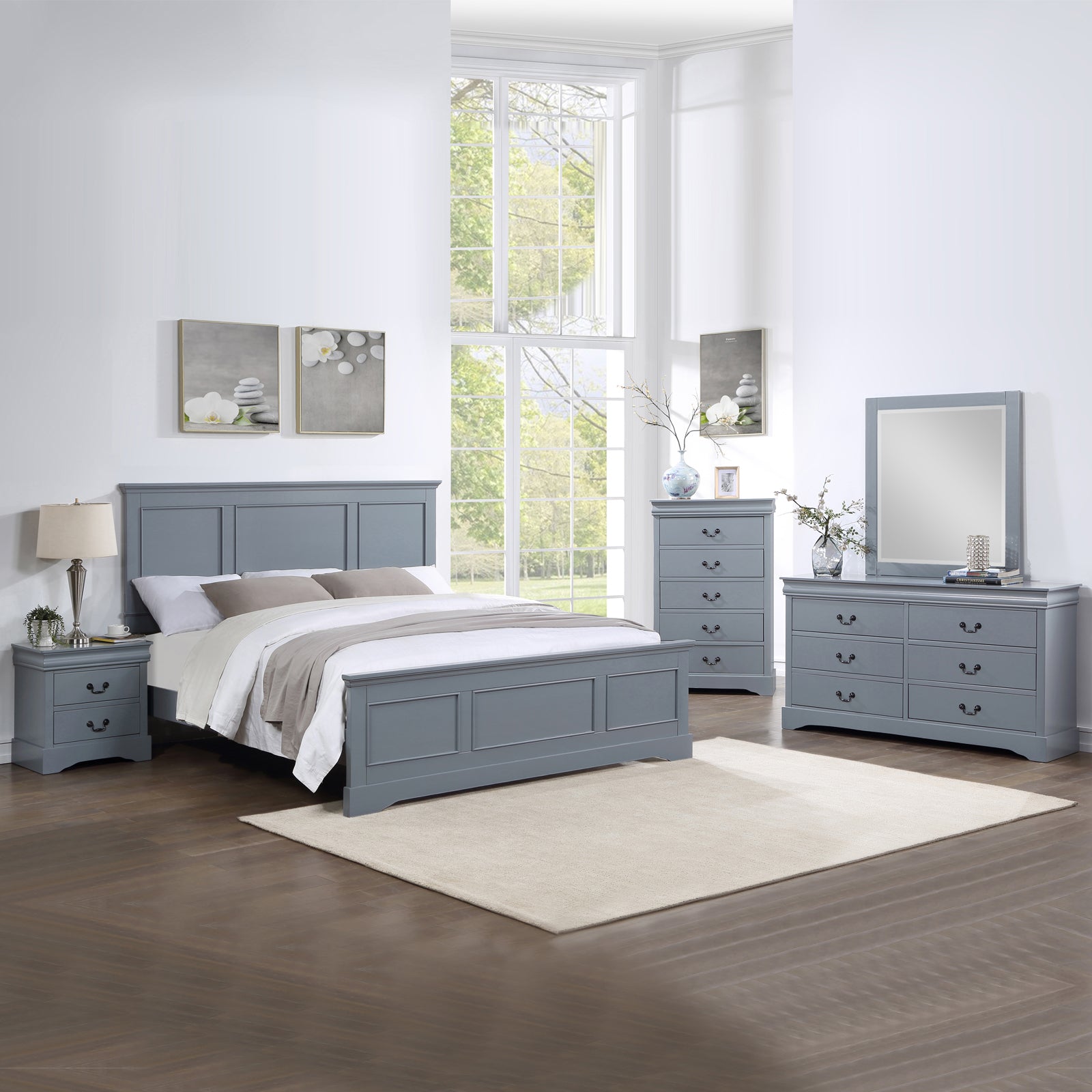 5 Pieces Bedroom Suite in Solid Wood & MDF Queen Size Grey Colour Bed, Bedside Table, Dresser & Tallboy