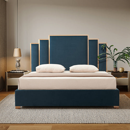Austin Bed Frame Turquoise Fabric Padded Upholstery High Quality Slats Polished Stainless Steel Feet