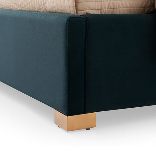 Austin Bed Frame Turquoise Fabric Padded Upholstery High Quality Slats Polished Stainless Steel Feet