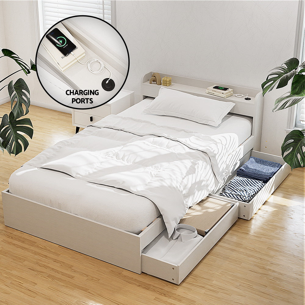Solid Bed Frame Single Size with Charging Ports and 2 Drawers AURA