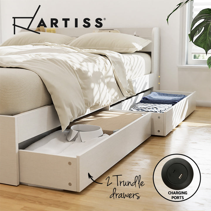 Solid Bed Frame Single Size with Charging Ports and 2 Drawers AURA