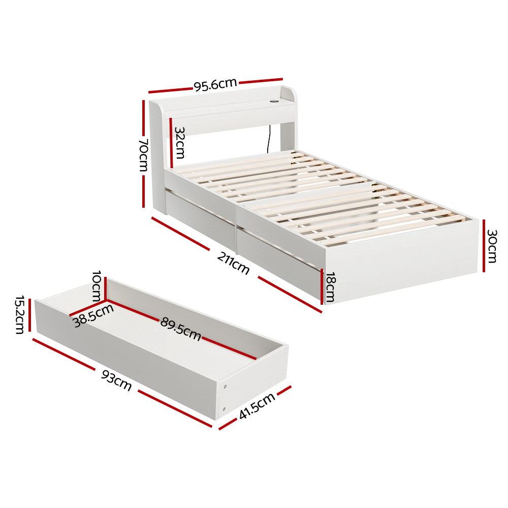 Solid Bed Frame Single Size with Charging Ports and 2 Drawers AURA