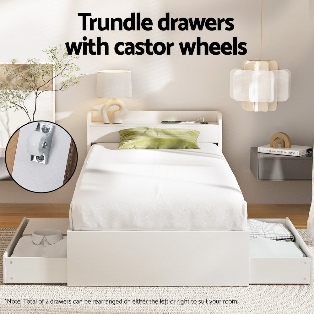 Solid Bed Frame Single Size with Charging Ports and 2 Drawers AURA