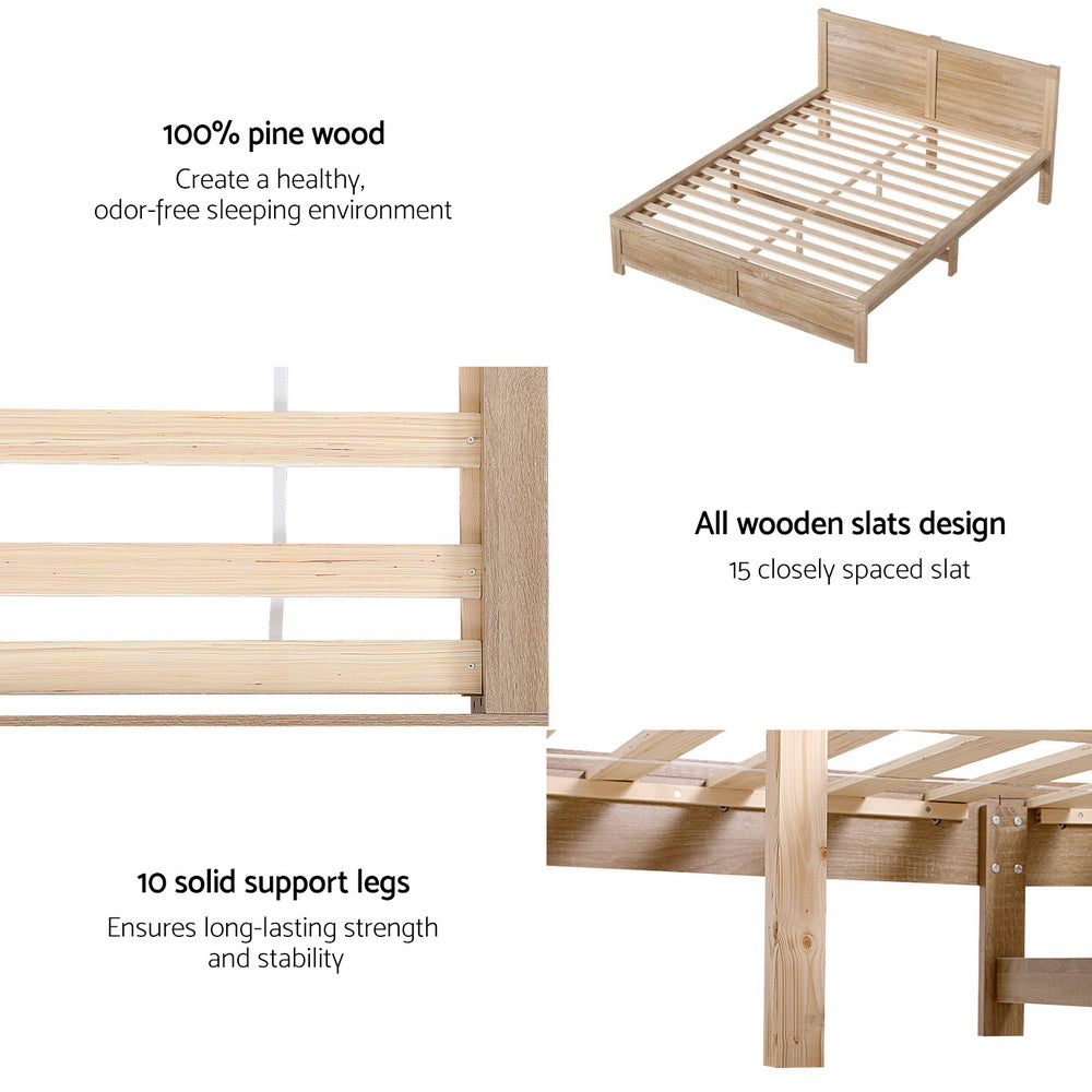 Artiss Bed Frame Double Size Wooden Acacia Wood OATMEAL